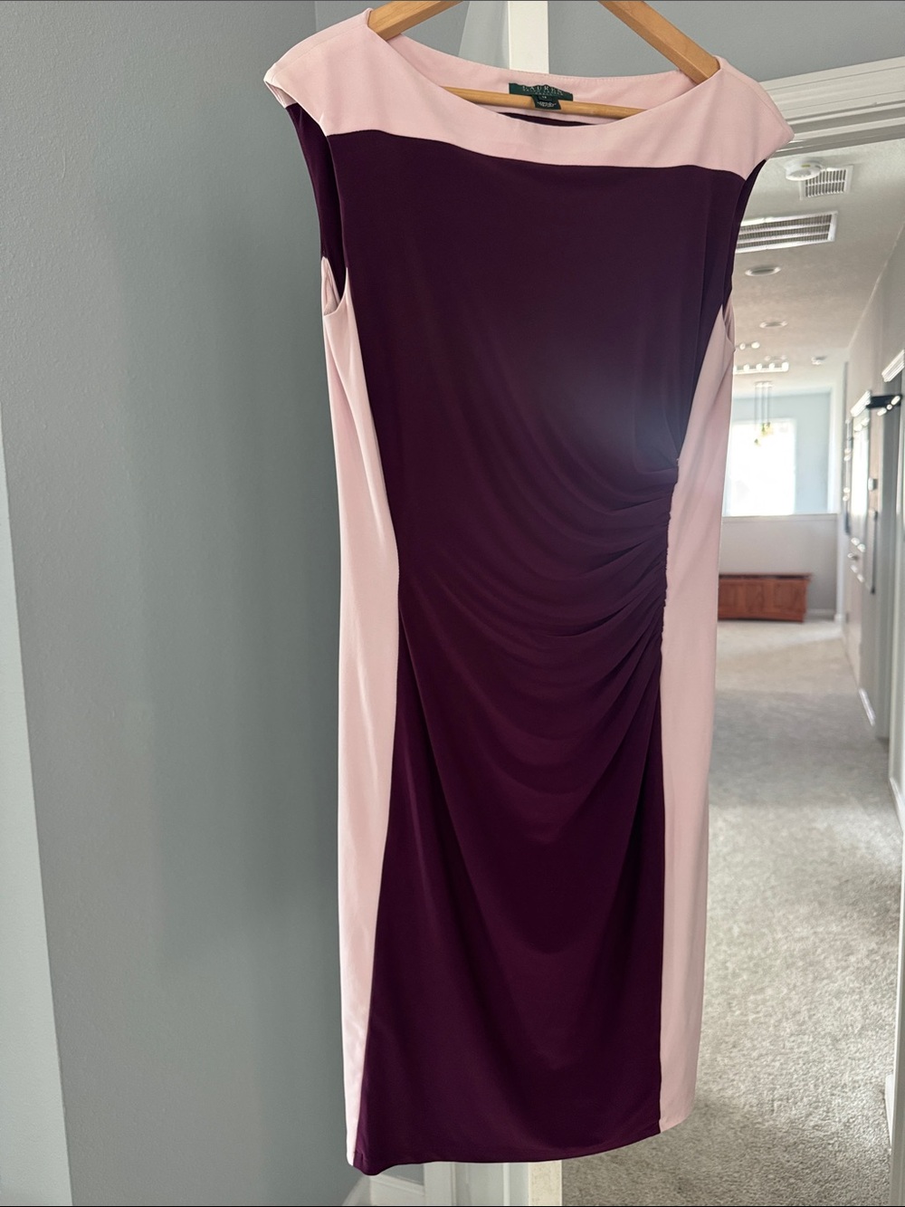 Lauren Ralph Lauren Size 12 Plum Pink Colorblock Ruched Sheath Dress